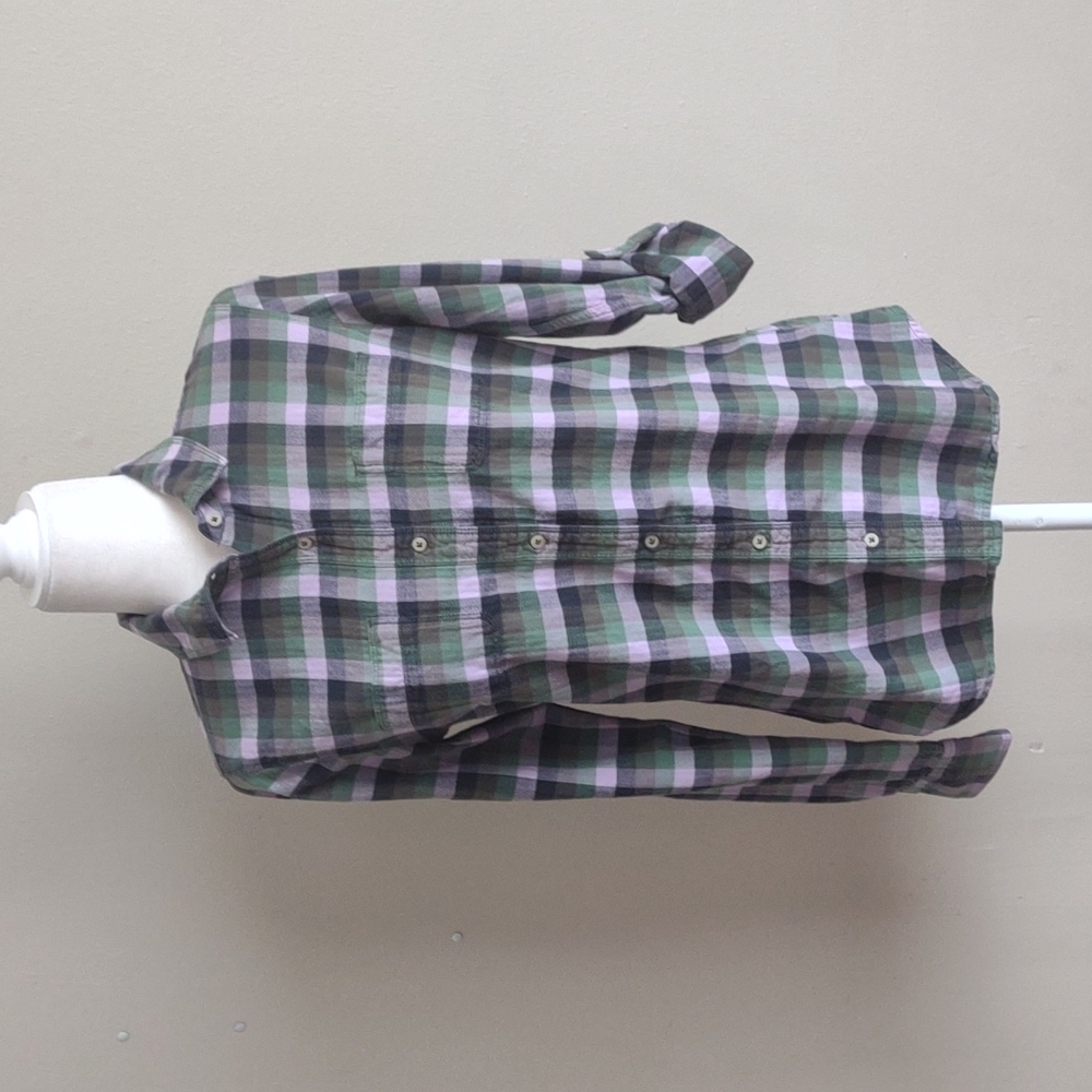 The North Face green black and lavender checkered button-down shirt Size…